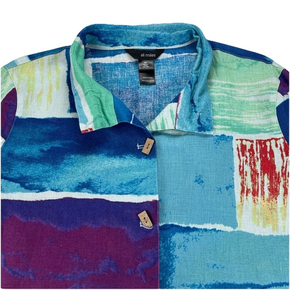 Ali Miles Green Blue Artsy Print Blouse Linen Lagenlook Button Front Top Size XL - Picture 3 of 11